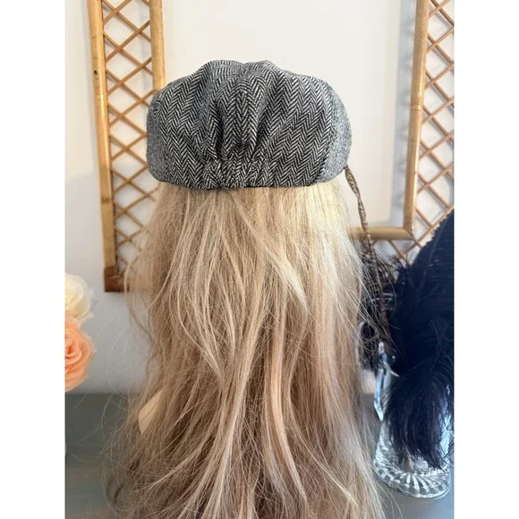 Newsboy Paper Boy Baker Boy Cap Gray Herringbone Tweed Hat Unisex OS Vintage - Picture 12 of 16